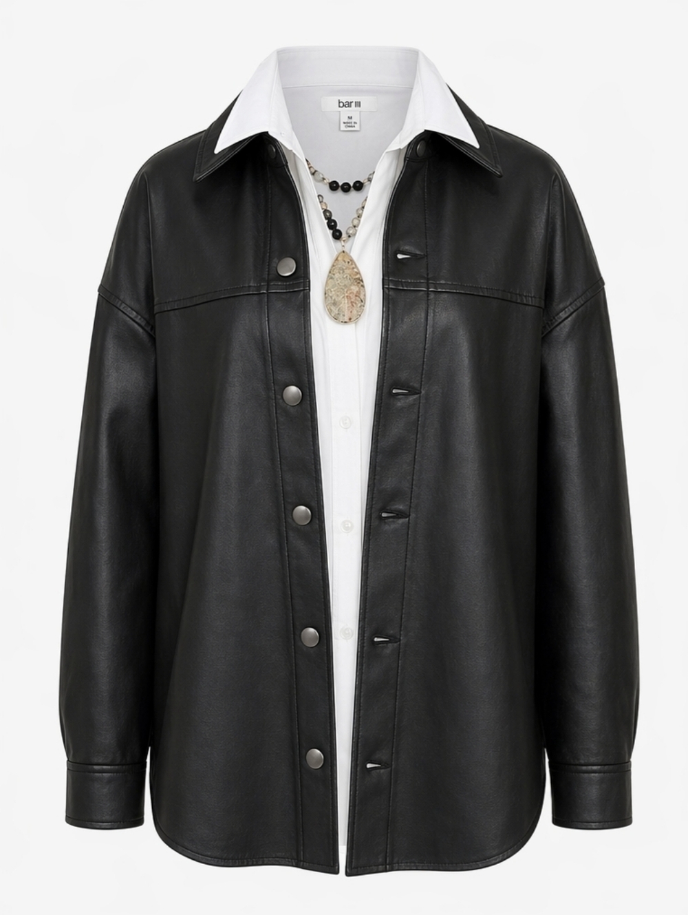 Black Faux Leather Shacket Oversized Button Front Minimalist Streetwear Classic